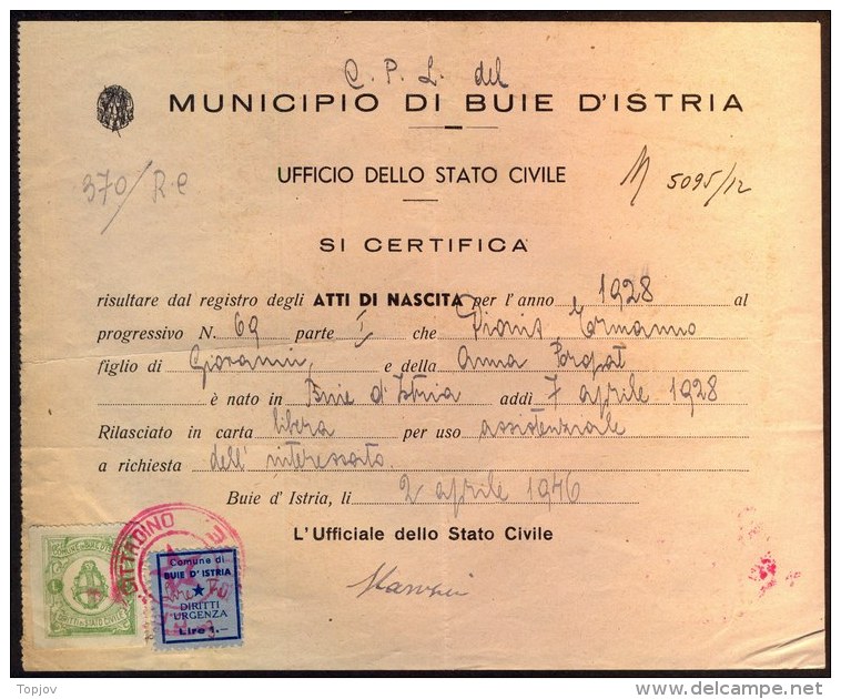 ITALIA  - SLOVENIA  - CERTIFICATO  C.P.L. CITTADINO  DI  BUIE  D'ISTRIA  - BUJE - ISTRIA  - Lire + Dinari - 1946 - RARE - Revenue Stamps