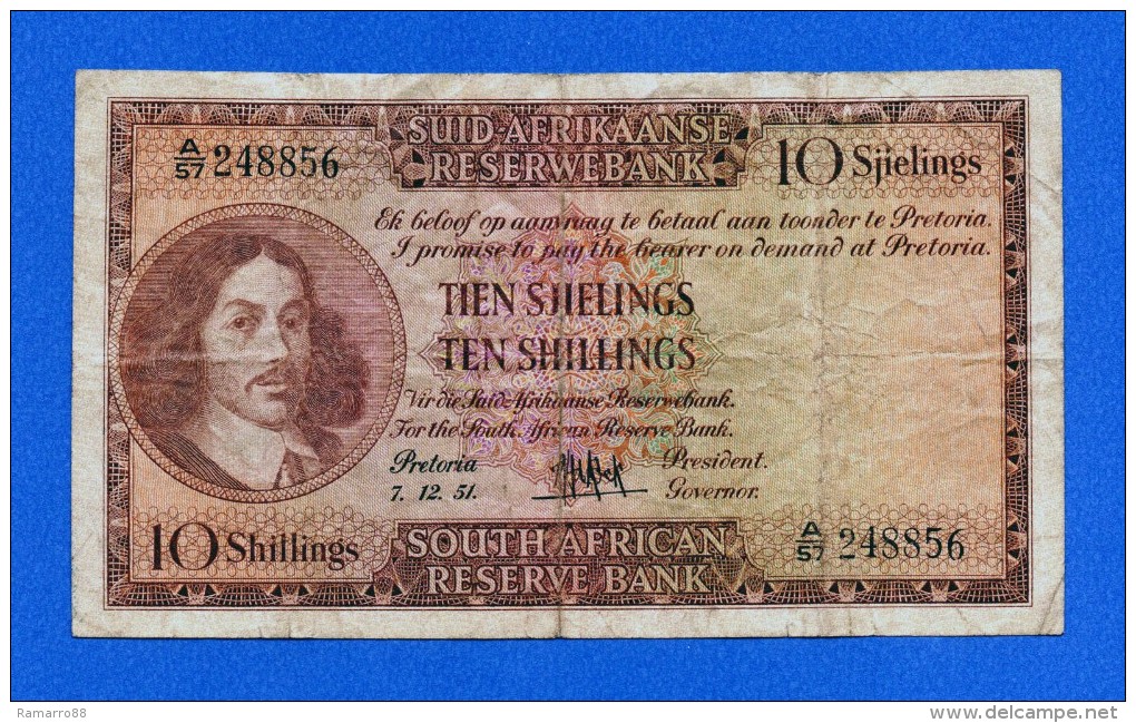 South Africa 10 Shillings 1951 P91d Van Riebeeck F+ - Zuid-Afrika