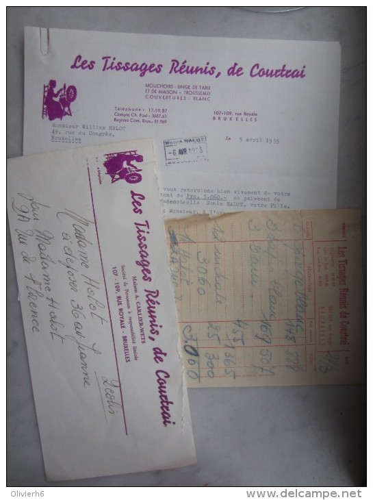 COURRIER + FACTURE (M1506) LES TISSAGES RéUNIS, De COURTRAI (2 Vues) Rue Royale, 107-109 BRUXELLES A. Carlier-Wets 1955 - Kleding & Textiel