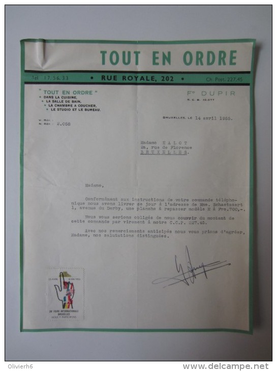 FACTURE (M1506) TOUT EN ORDRE (2 Vues) Rue Royale, 202 BRUXELLES Fd DUPIR Timbre Foire Internationale Bruxelles 1955 - Artigianato