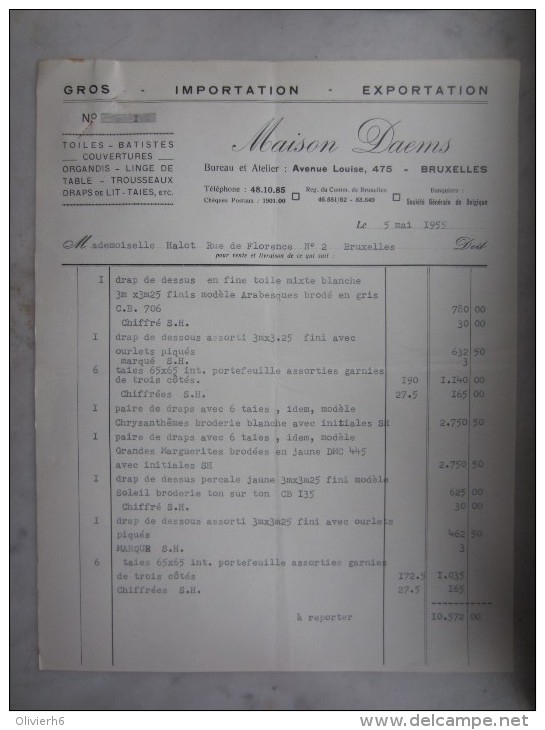 FACTURE (M1506) MAISON DAEMS (2 Vues) Avenue Louise, 475 05/05/1955 Toiles Batistes Couvertures Organdis - Kleidung & Textil