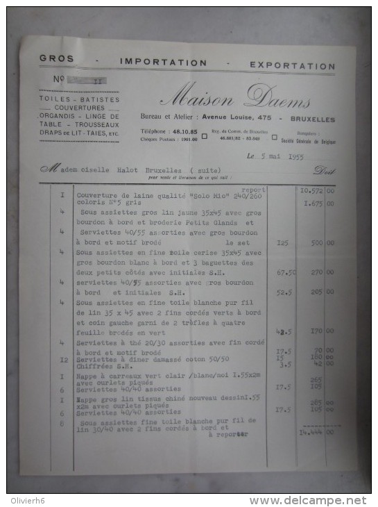 FACTURE (M1506) MAISON DAEMS (2 Vues) Avenue Louise, 475 05/05/1955 Toiles Batistes Couvertures Organdis B - Kleding & Textiel