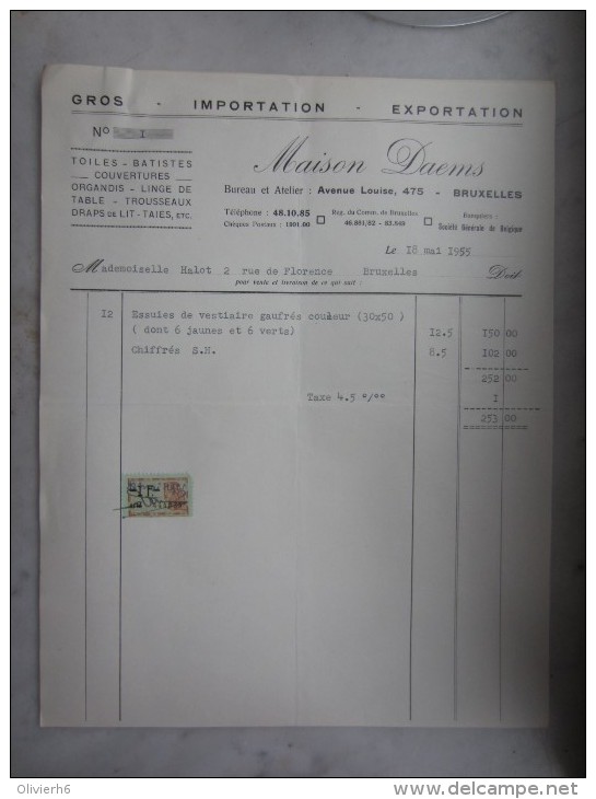FACTURE (M1506) MAISON DAEMS (2 Vues) Avenue Louise, 475 18/05/1955 Toiles Batistes Couvertures Organdis D - Kleidung & Textil
