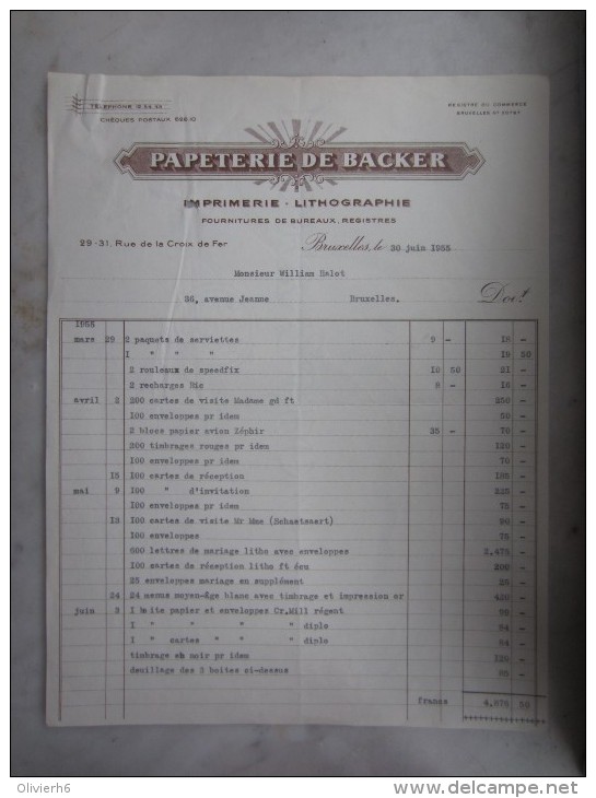 FACTURE (M1506) PAPETERIE DE BACKER (2 Vues) Rue De La Croix De Fer Bruxelles 30/06/1955 - Imprimerie & Papeterie