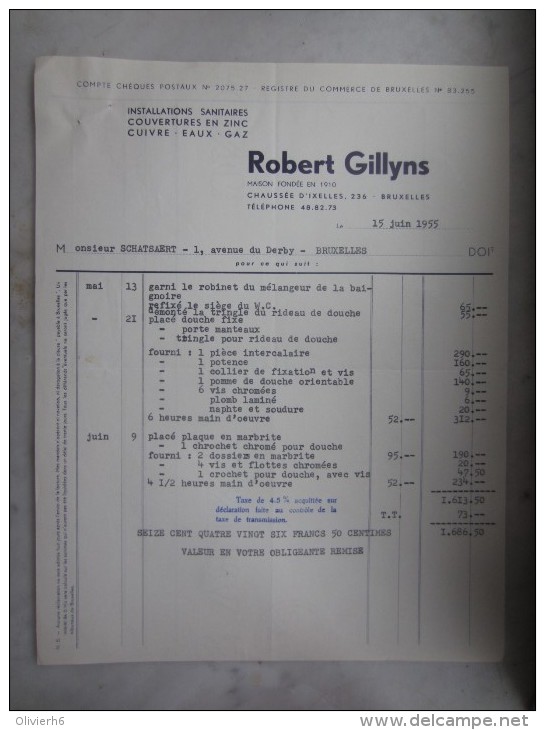 FACTURE (M1506) ROBERT GILLYNS Cuivre Eaux Gaz (2 Vues) Chaussée D'IXELLES, 236 15/06/1955 - Elektriciteit En Gas