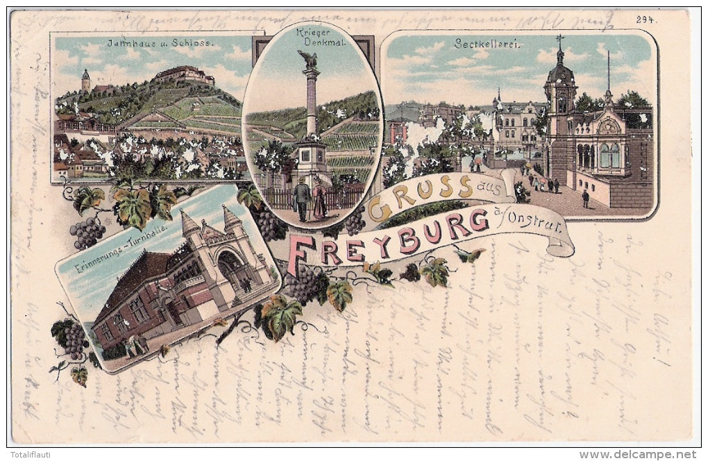 Gruss Aus FREYBURG An Der Unstrut Sectkellerei Sekt Turnhalle Jahnhaus Color Litho 14.9.1908 Gelaufen - Freyburg A. D. Unstrut