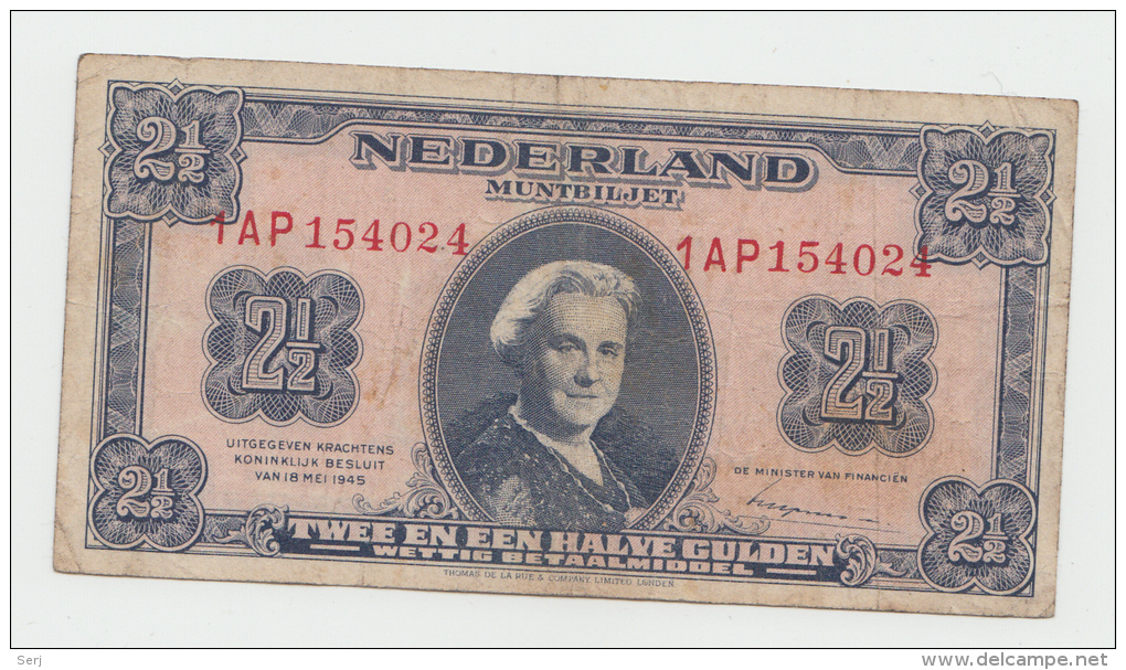 Netherlands 2 1/2 Gulden 1945 VF Banknote Pick 71 - 2 1/2 Gulden