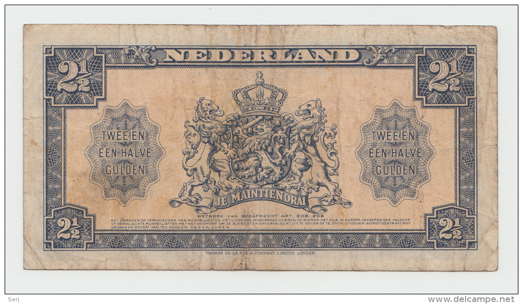 Netherlands 2 1/2 Gulden 1945 VF Banknote Pick 71 - 2 1/2 Gulden