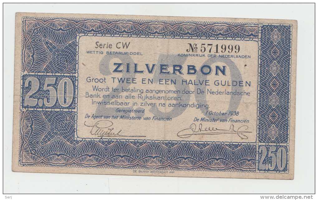 Netherlands 2.5 Gulden 1938 Zilverbon VF+ CRISP Banknote P 62 - 2 1/2 Florín Holandés (gulden)