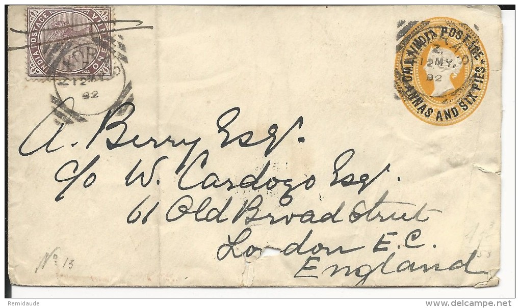 INDIA - 1892 - ENVELOPP ENTIER POSTAL De MADRAS Avec COMPLEMENT Pour LONDON - 1882-1901 Imperio