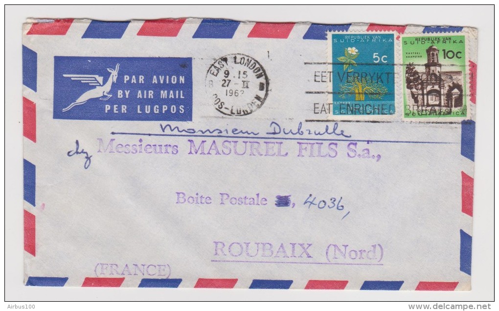 AFRIQUE DU SUD LETTRE COVER PER LUGPOS EAST LONDON 27 FÉVRIER 1962 VERS MASUREL FILS SA ROUBAIX NORD  - 2 Scans - - Lettres & Documents