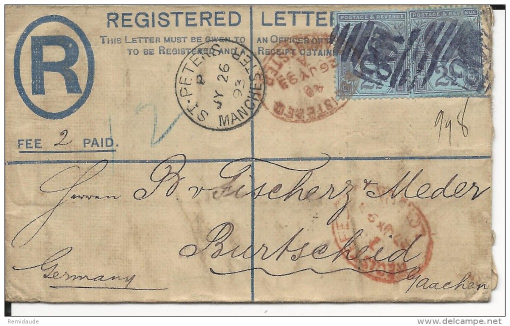 GB - 1893 - ENVELOPPE ENTIER RECOMMANDEE Avec ETIQUETTE De CORRECTION De ST PETERS Pour BURTSCHEID (GERMANY) - Covers & Documents