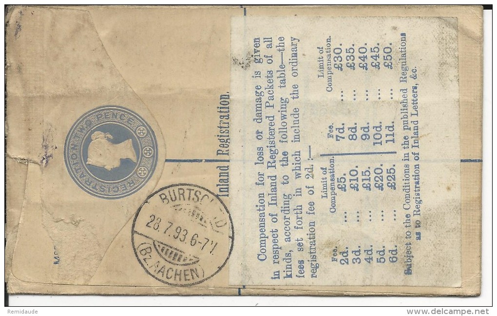 GB - 1893 - ENVELOPPE ENTIER RECOMMANDEE Avec ETIQUETTE De CORRECTION De ST PETERS Pour BURTSCHEID (GERMANY) - Cartas & Documentos