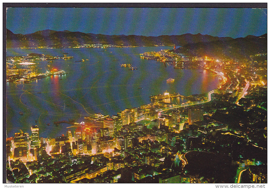 Hong Kong PPC Bird's Eye View Tsimhatsui, Kowloon At Night Airmail Par Avion KOWLOON 1964 To Denmark (2 Scans) - Storia Postale