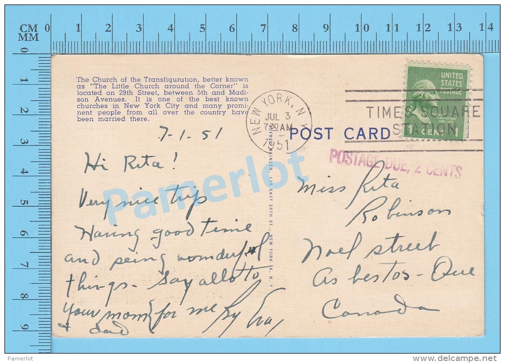 CPSM, New York ( Used In 1951 , The Little Church Around The Corner, Marcophilie) Linen Postcard Recto/Verso - Églises