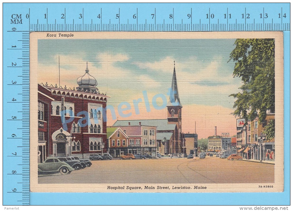 CPSM, Lewiston ( Used 1946, Kora Temple Hospital Square Main Street, Cover Port &amp; Boston RPO) Linen Postcard Recto/V - Lewiston