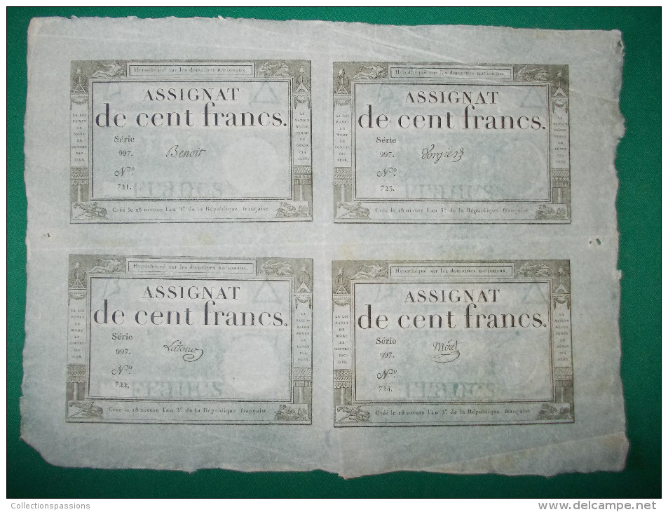 - RARE - Planche De 4 Assignats De 100 Francs. 18 Nivôse An III  (7 Janvier 1795) - - Assignats & Mandats Territoriaux
