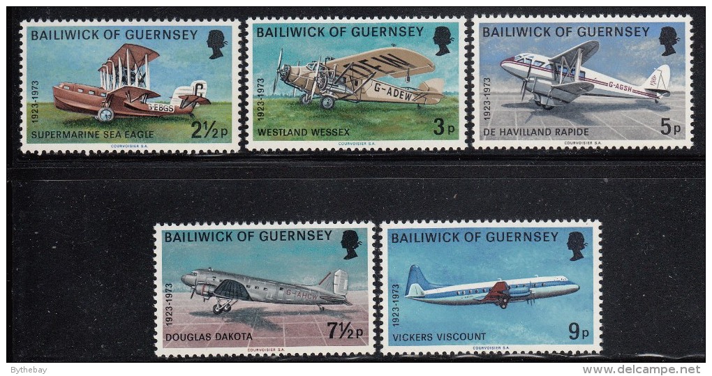 Guernsey MNH Scott #81-#85 Set Of 5 Airplanes - 50th Anniversary Of Air Service To Guernsey - Flugzeuge