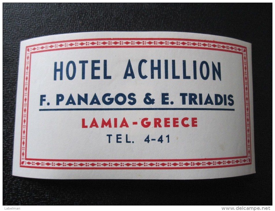 HOTEL MOTEL INN RESIDENCE HOUSE ACHILLION LAMIA HELIOS GREECE LUGGAGE LABEL ETIQUETTE AUFKLEBER DECAL STICKER - Hotel Labels