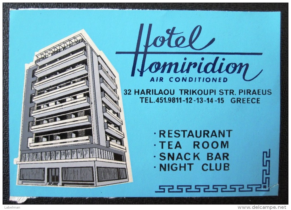 HOTEL MOTEL INN RESIDENCE HOUSE HOMIRIDION PIRAEUS HELIOS GREECE LUGGAGE LABEL ETIQUETTE AUFKLEBER DECAL STICKER - Etiketten Van Hotels