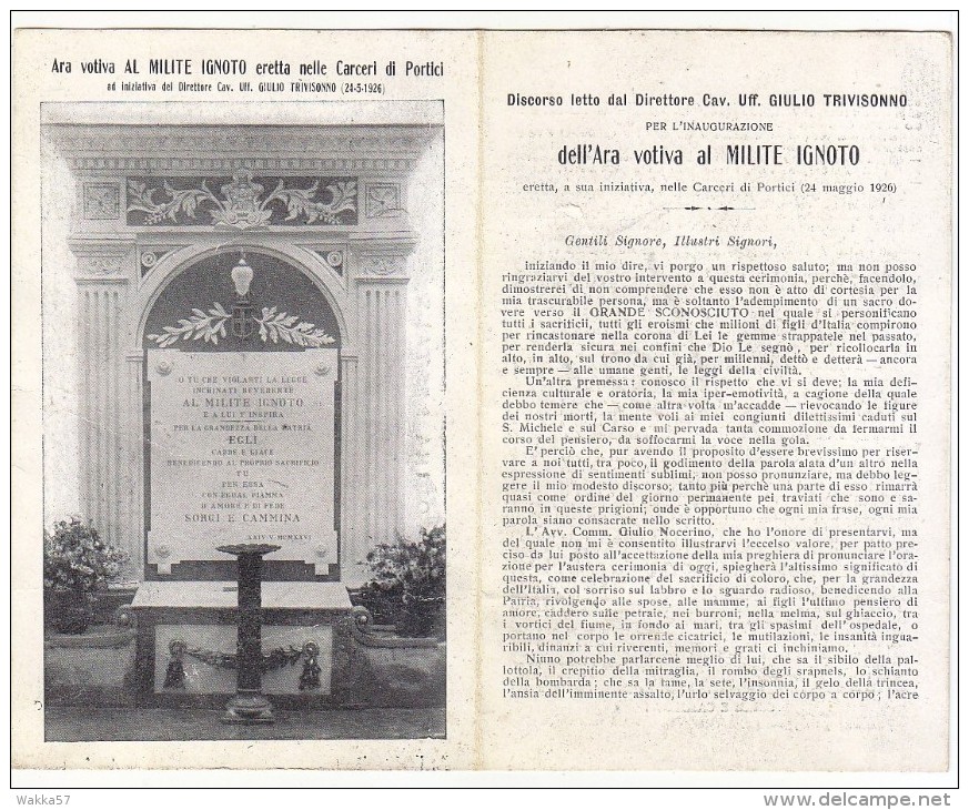 3-4084- Ara Votiva Al Milite Ignoto Eretta Nelle Carceri Di Portici - Card Doppia F.p. Viaggiata 1926 - Napoli - Portici