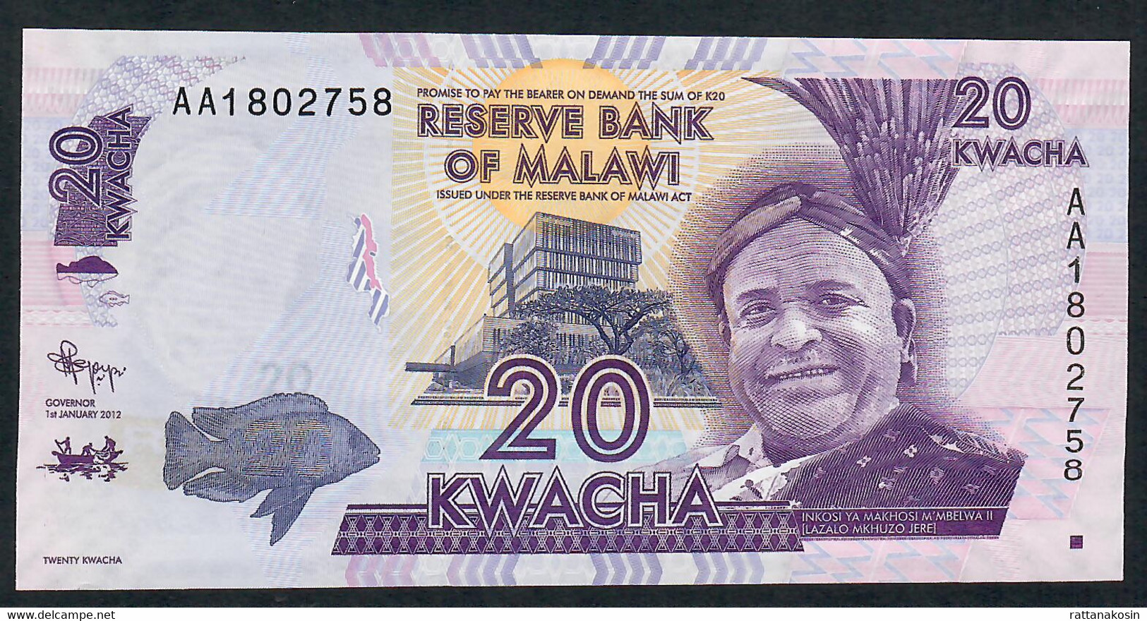 MALAWI   P57a   20  KWACHA  1.1.2012    #AA  =  FIRST PREFIX     UNC. - Malawi