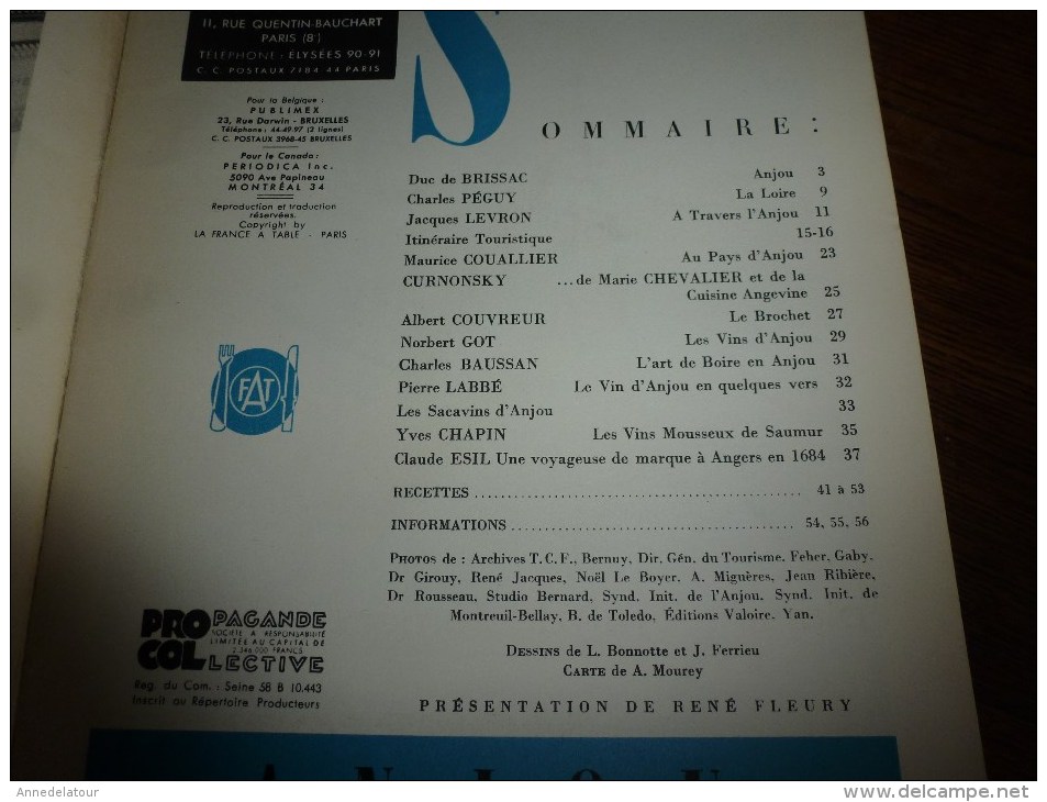 1959  LA FRANCE A TABLE :  En ANJOU (Villevêque , St-Hilaire , St-Florent , Angers , Moulin De Brissac, Etc.. - Andere & Zonder Classificatie