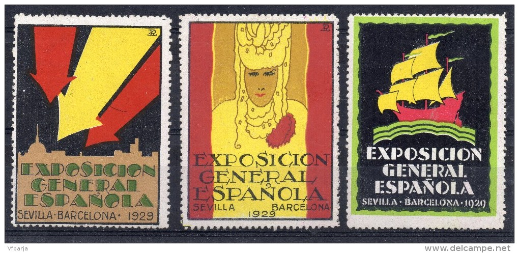 3 Vignettes : Exposicion General Espanola - Sevilla-Barcelona 1929 ( Exposition Seville-barcelone)-bateau-femme - Otros & Sin Clasificación