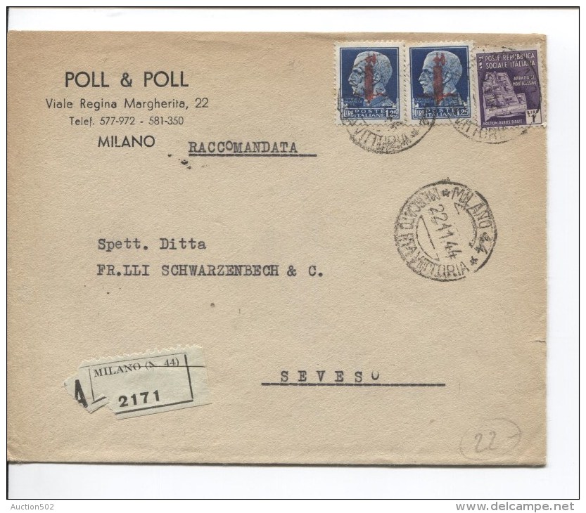 Italia Cover Registered Stamps Surcharged C.Milano 1944 To Seveso PR1783 - 1946-60: Marcophilie