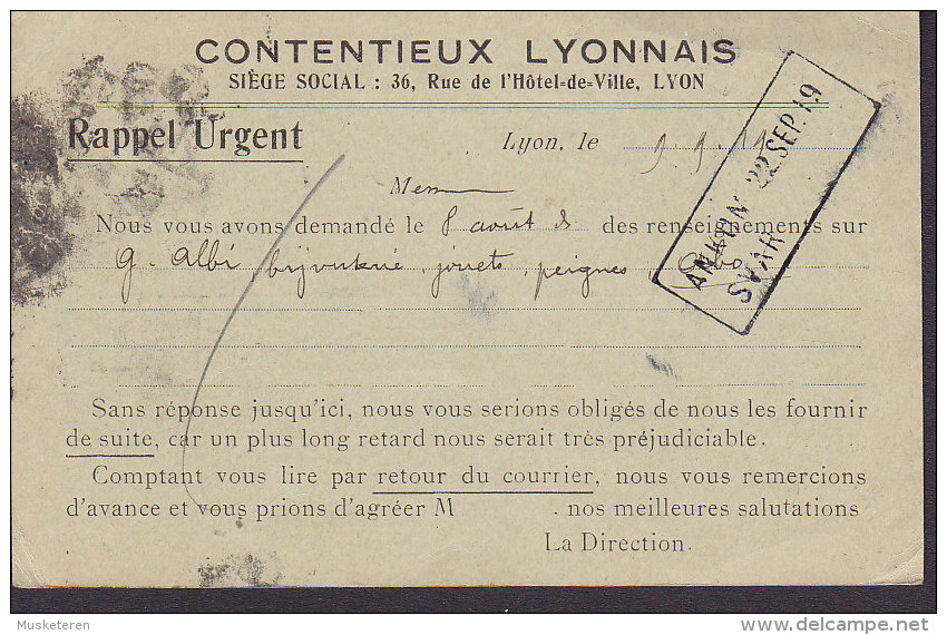 France Postal Stationery Ganzsache Entier Semeuse PRINT PRIVÉ, CONTENTIEUX LYONNAIS, LYON 1919 To Finland (2 Scans) - Overprinter Postcards (before 1995)