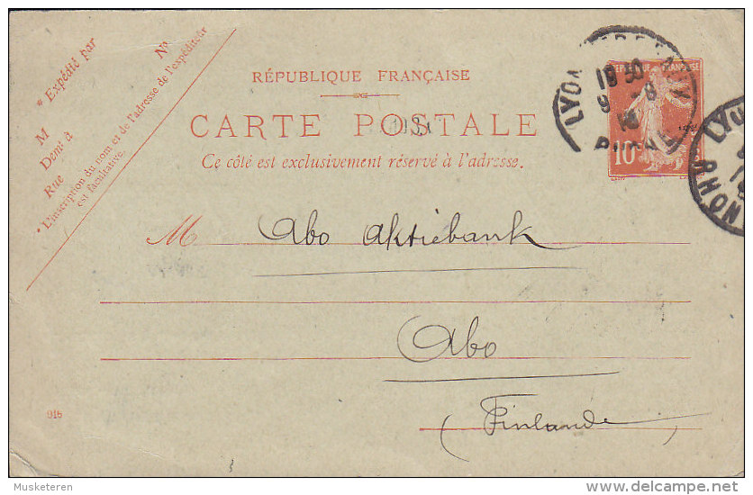 France Postal Stationery Ganzsache Entier Semeuse PRINT PRIVÉ, CONTENTIEUX LYONNAIS, LYON 1919 To Finland (2 Scans) - Overprinter Postcards (before 1995)