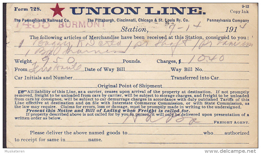 United States Postal Stationery Ganzsache Entier PRINT PRIVÉ Railroad UNION LINE, BURMONT 1914 To PHILADELPHIA (2 Scans) - 1901-20