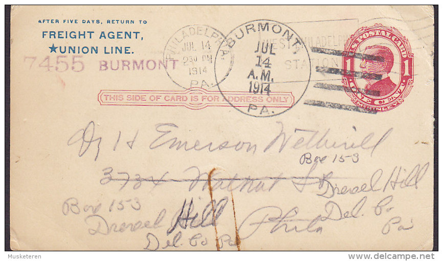 United States Postal Stationery Ganzsache Entier PRINT PRIVÉ Railroad UNION LINE, BURMONT 1914 To PHILADELPHIA (2 Scans) - 1901-20