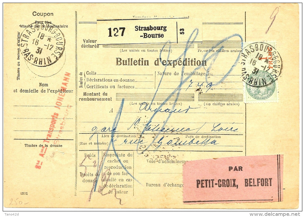 COLIS POSTAL D'ALSACE - FISCAL 1f AVEC MONUMENTS  5f ET 3f PREPERFORES STASBOURG 16/12/1931 - Sonstige & Ohne Zuordnung