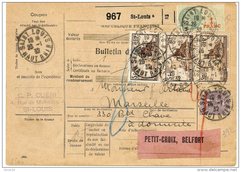 COLIS POSTAL D'ALSACE - FISCAL 1f AVEC MONUMENTS  5fx3  PREPERFORES ST LOUIS 26/1/1932 - Autres & Non Classés