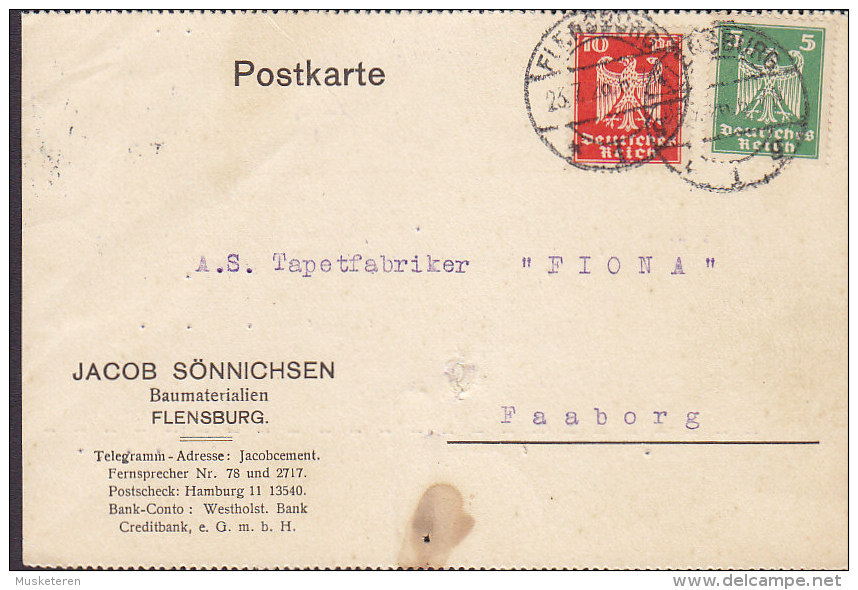 Germany Deutsches Reich JACOB SÖNNICHSEN Baumateralien FLENSBURG 1926 Card Karte FAABORG Denmark (2 Scans) - Briefe U. Dokumente