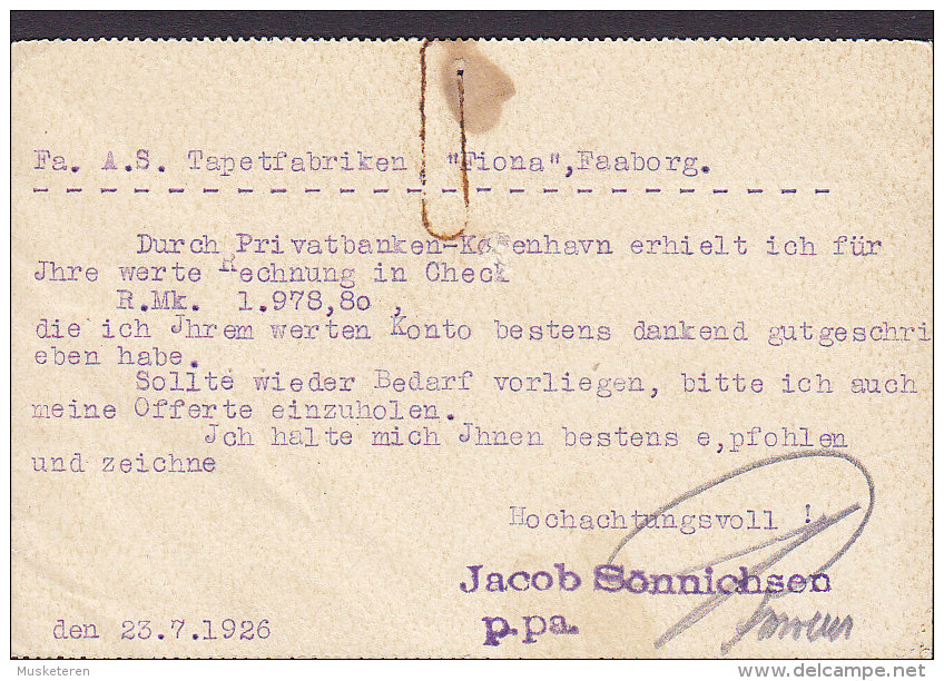 Germany Deutsches Reich JACOB SÖNNICHSEN Baumateralien FLENSBURG 1926 Card Karte FAABORG Denmark (2 Scans) - Briefe U. Dokumente