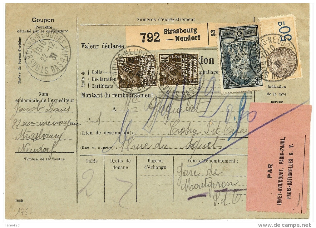 COLIS POSTAL D'ALSACE - FISCAL 50c AVEC MONUMENTS  3f   STRASBOURG  22/12/1931 - Autres & Non Classés