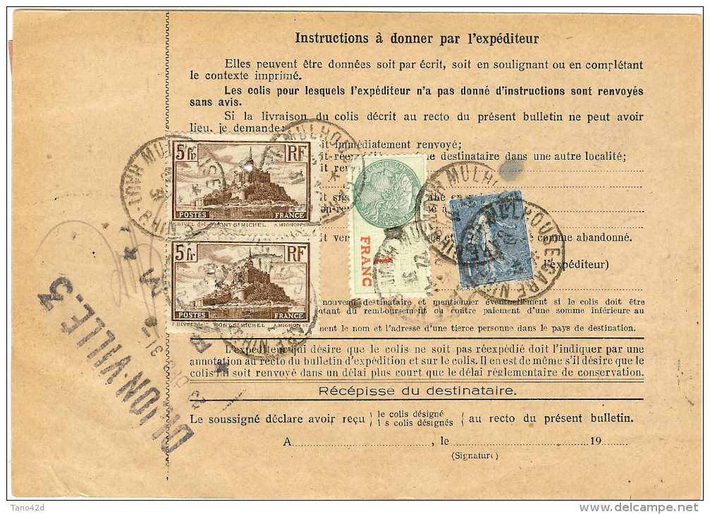 COLIS POSTAL D'ALSACE - FISCAL 1f AVEC MONUMENTS 5fx2 PREPERFORES APRES COLLAGE MULHOUSE 22/12/1931 - Otros & Sin Clasificación