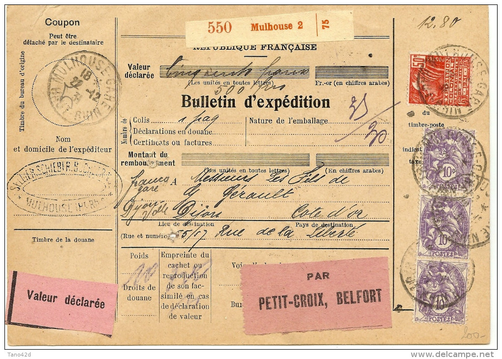 COLIS POSTAL D'ALSACE - FISCAL 1f AVEC MONUMENTS 5fx2 PREPERFORES APRES COLLAGE MULHOUSE 22/12/1931 - Otros & Sin Clasificación