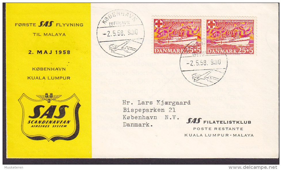 Denmark Erstflug First SAS Flight To Malaya 1958 Cover Brief KØBENHAVN - KUALA LUMPUR Malaya Red Cross Stamps (2 Scans) - Airmail