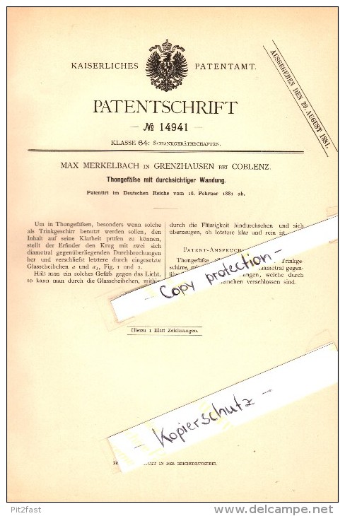 Original Patent - Max Merkelbach In Grenzhausen B. Koblenz , 1881 , Durchsichtige Thongefäße , Höhr-Grenzhausen !!! - Höhr-Grenzhausen