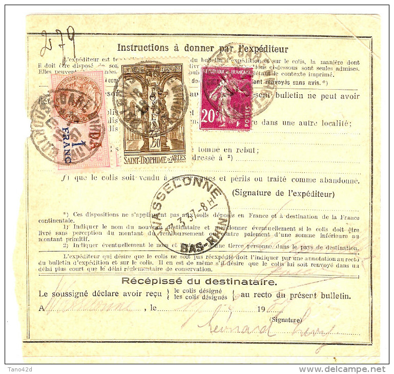 COLIS POSTAL D'ALSACE -FISCAL 1f AVEC STE TROPHIME X2  MULHOUSE  10/3/1937 - Autres & Non Classés