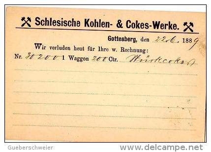 MIN 7 - ALLEMAGNE Entier Postal De GOTTESBERG 1889 Schlesische Kohlen- & Cokes-Werke Thème Mines - Minéraux - Charbon - Postcards