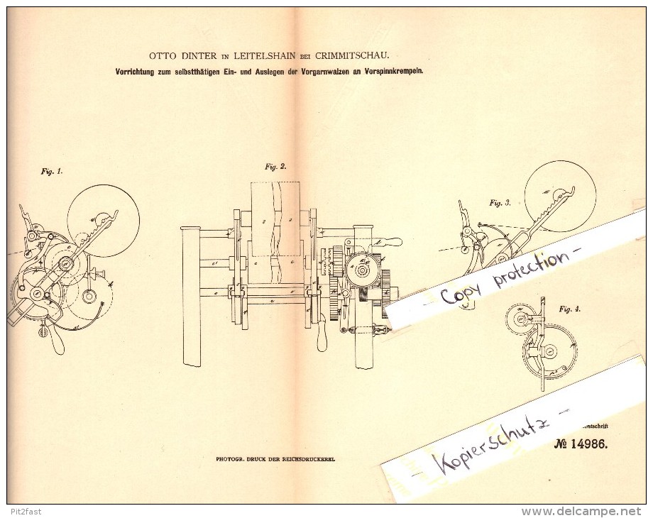 Original Patent - Otto Dinter In Leitelshain B. Crimmitschau , 1880 , Apparat Für Spinnerei !!! - Crimmitschau