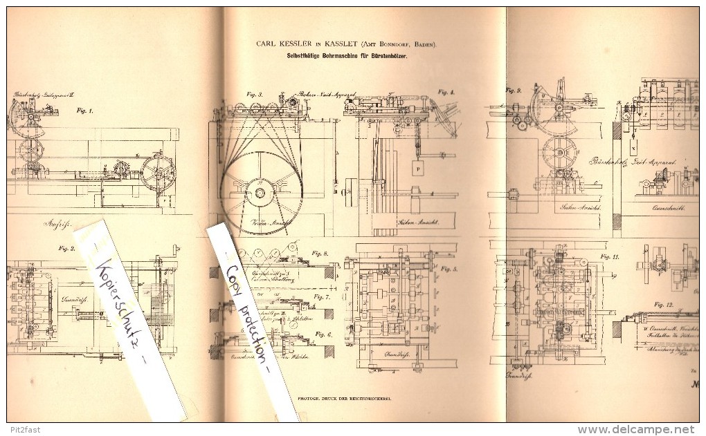 Original Patent - Carl Kessler In Kaßlet B. Bonndorf Im Schwarzwald , 1880 , Selbsttätige Bohrmaschine Für Bürsten !!! - Bonndorf