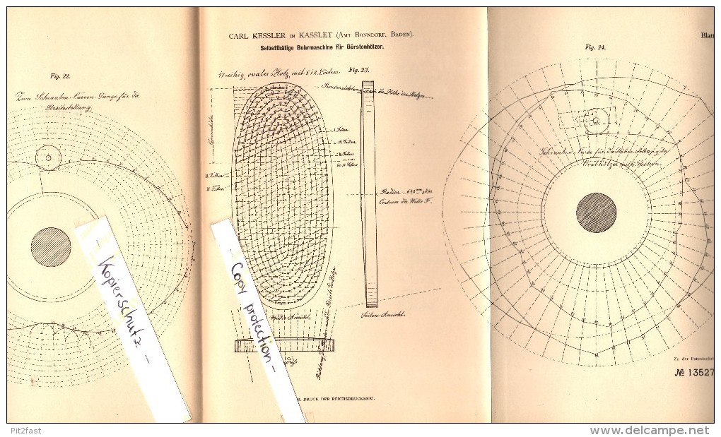 Original Patent - Carl Kessler In Kaßlet B. Bonndorf Im Schwarzwald , 1880 , Selbsttätige Bohrmaschine Für Bürsten !!! - Bonndorf