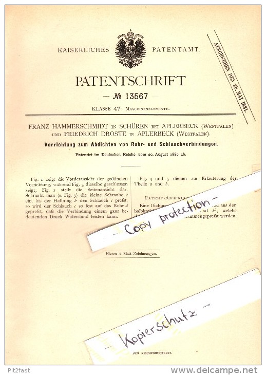 Original Patent - Franz Hammerschmidt Und F. Droste In Schüren B. Aplerbeck , 1880 , Abdichtung , Dortmund !!! - Dortmund