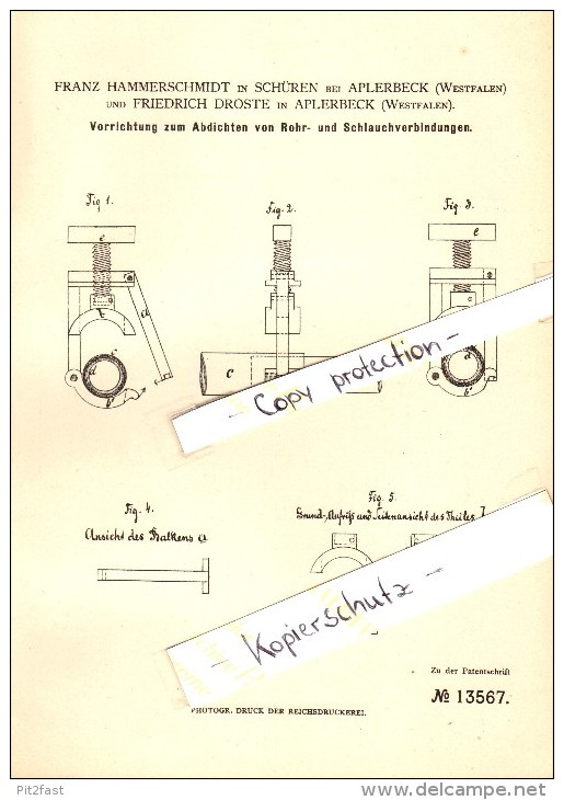 Original Patent - Franz Hammerschmidt Und F. Droste In Schüren B. Aplerbeck , 1880 , Abdichtung , Dortmund !!! - Dortmund