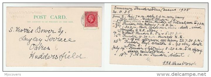 1935 WOODBANK Cds Pmk COVER Card From SHOTWICK VICARAGE Re METEOROLOGY Report THUNDERSTORM Gb Gv Stamps - Climate & Meteorology